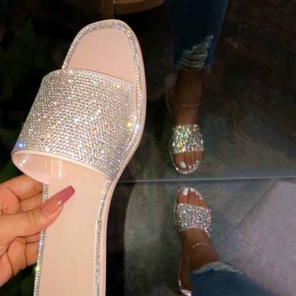 [New] RHINESTONE CRYSTAL BLING STYLISH JELLY SLIP ON SLIDES SANDALS [NUDE] - Picture 2 of 6